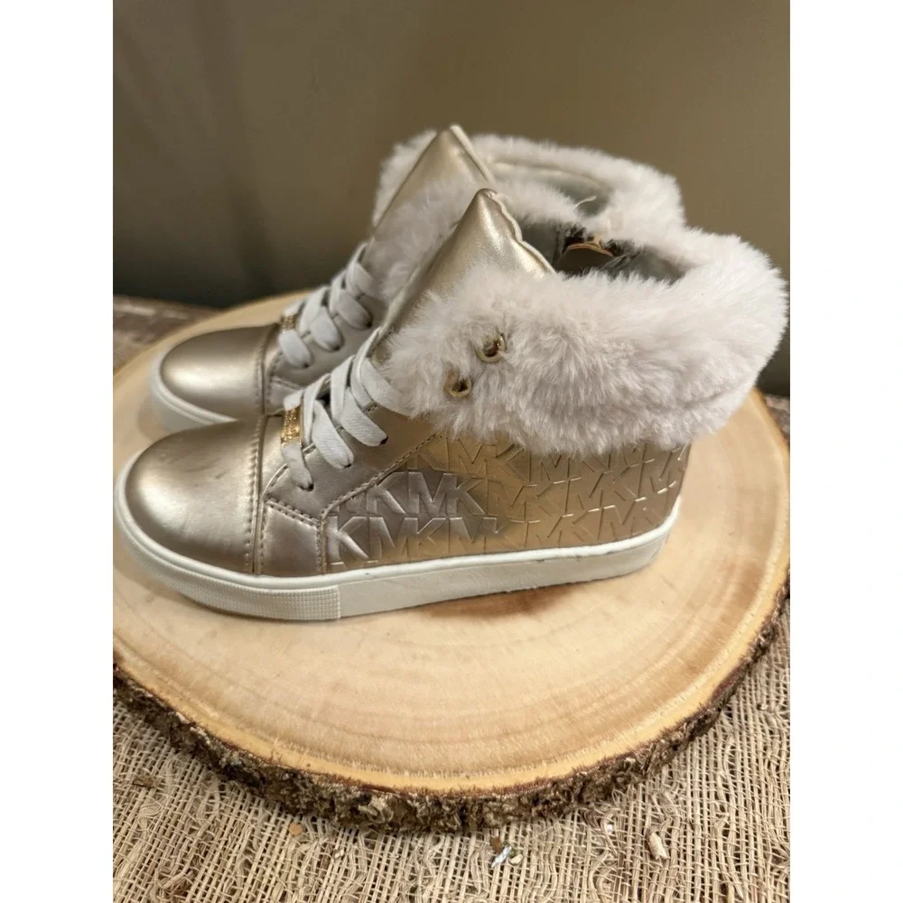 Michael Kors Poloma Fluff Sneaker Gold Boots Logo Monogram Fur Trim Girls‎ Sz-13